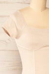 Rawa Beige Short Sleeve Fitted Ribbed Dress | La petite garçonne side close-up