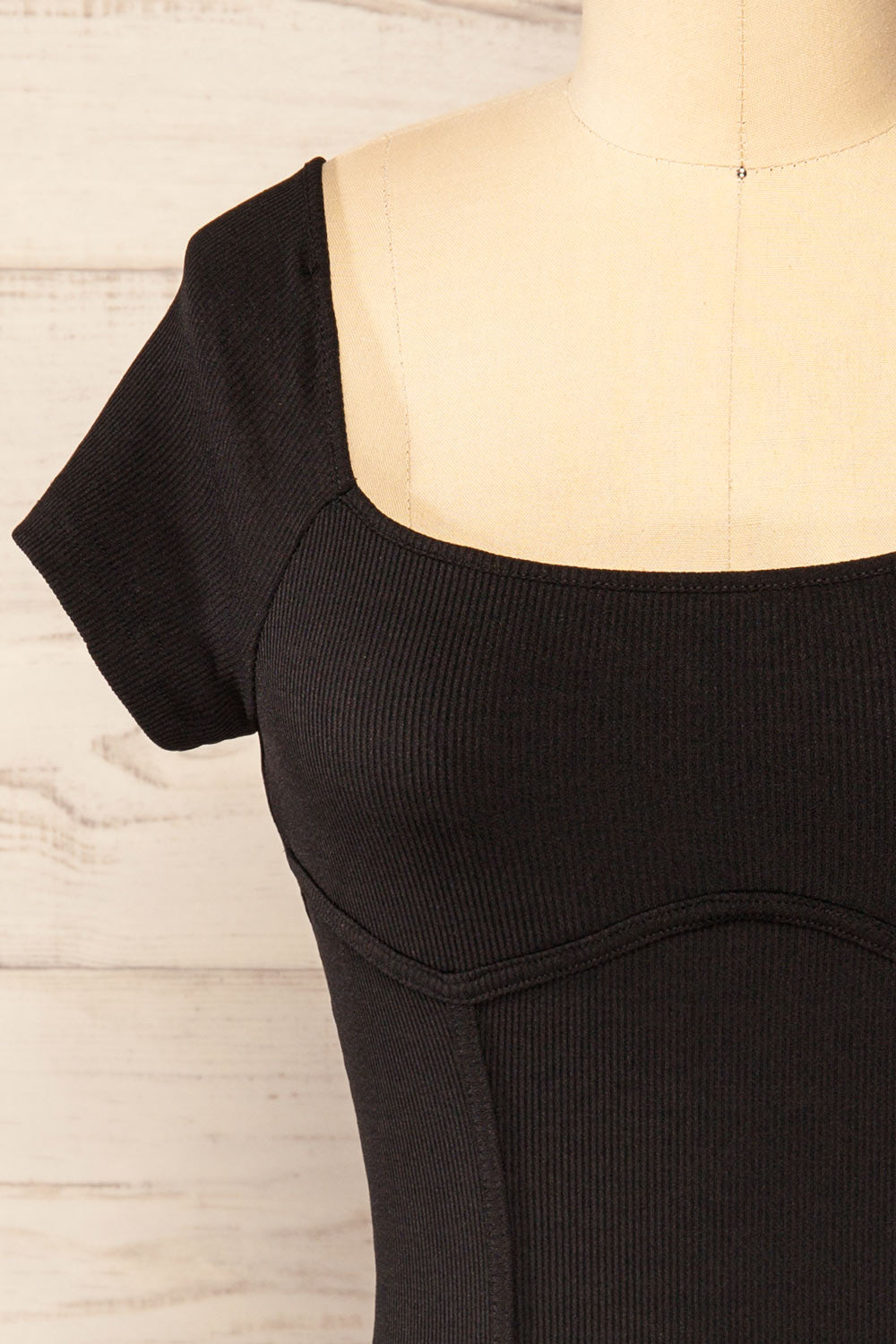 Rawa Black Short Sleeve Fitted Ribbed Dress | La petite garçonne front close-up