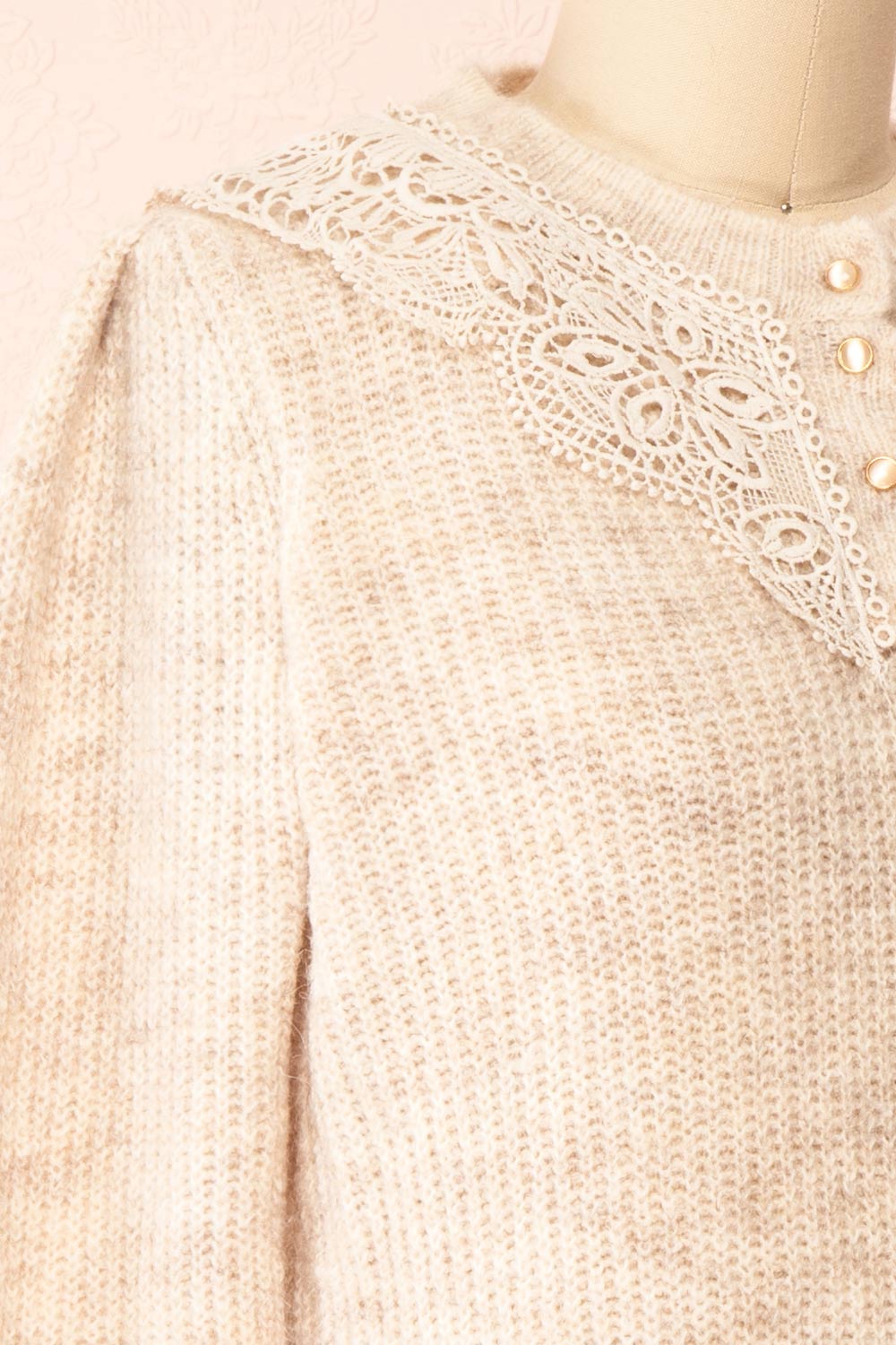 Reagan Beige Buttoned Collar Sweater w/ Lace | Boutique 1861 side close-up