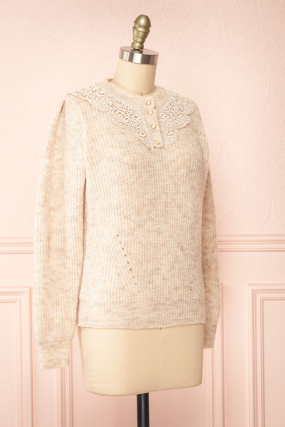 Reagan Beige Buttoned Collar Sweater w/ Lace | Boutique 1861 side view