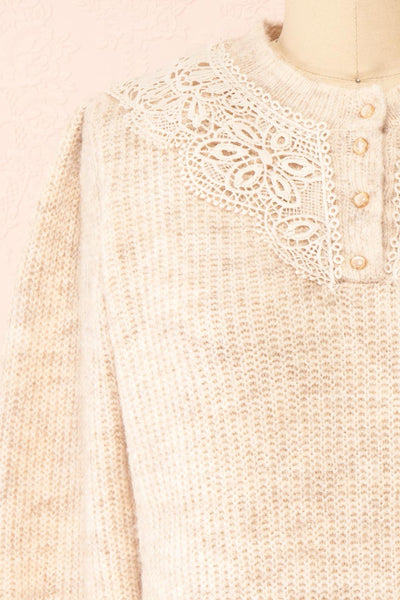 Reagan Beige Buttoned Collar Sweater w/ Lace | Boutique 1861 front close-up