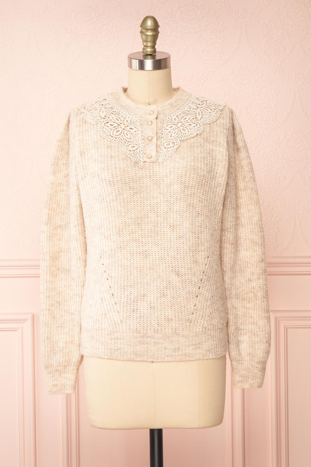 Reagan Beige Buttoned Collar Sweater w/ Lace | Boutique 1861 front view