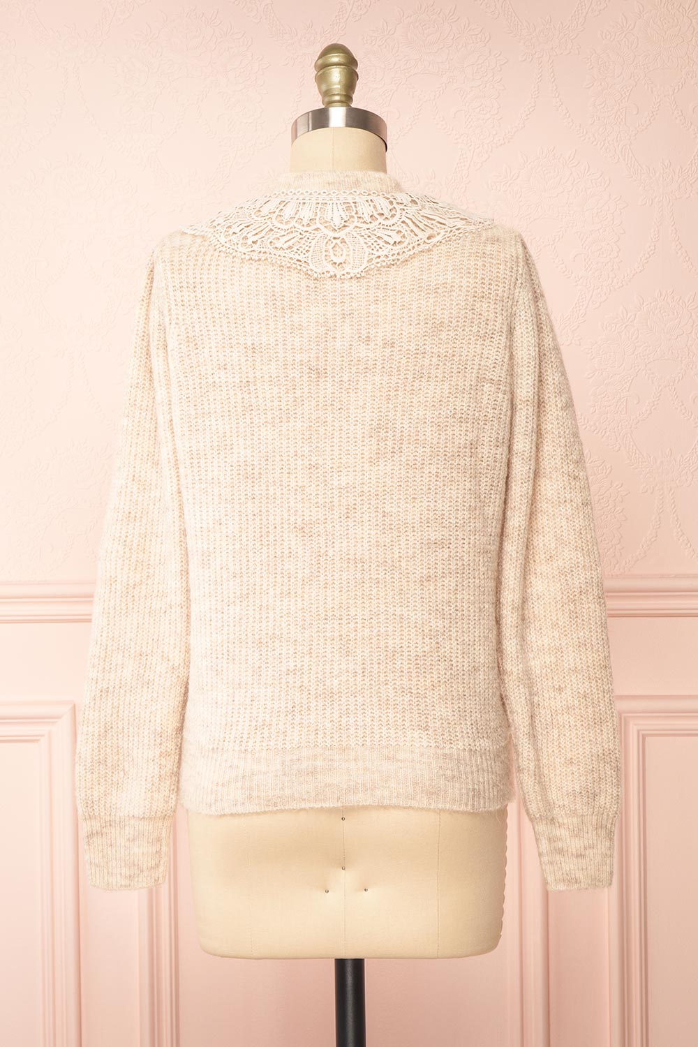 Reagan Beige Buttoned Collar Sweater w/ Lace | Boutique 1861 back view