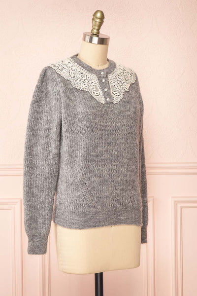 Reagan Grey Buttoned Collar Sweater w/ Lace | Boutique 1861 side view