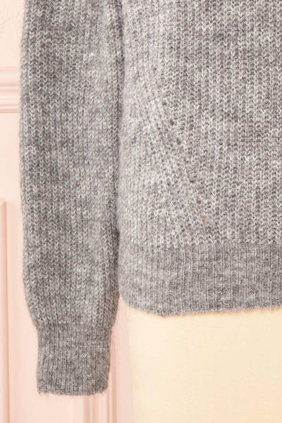 Reagan Grey Buttoned Collar Sweater w/ Lace | Boutique 1861 bottom close-up