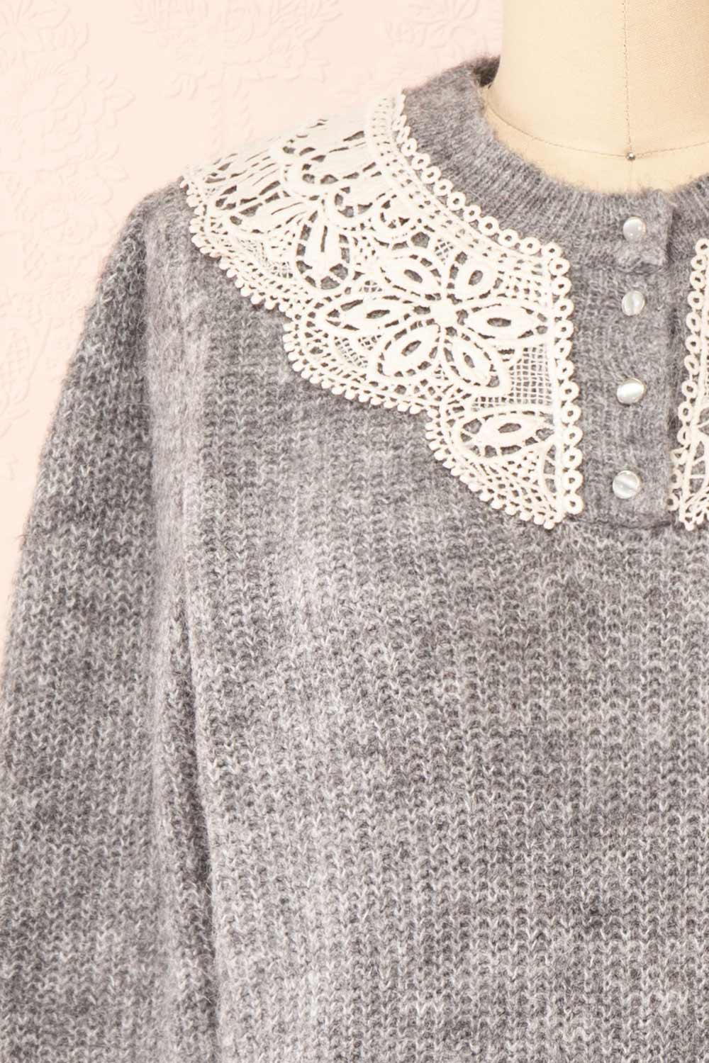 Reagan Grey Buttoned Collar Sweater w/ Lace | Boutique 1861 front close-up