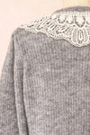 Reagan Grey Buttoned Collar Sweater w/ Lace | Boutique 1861 back close-up
