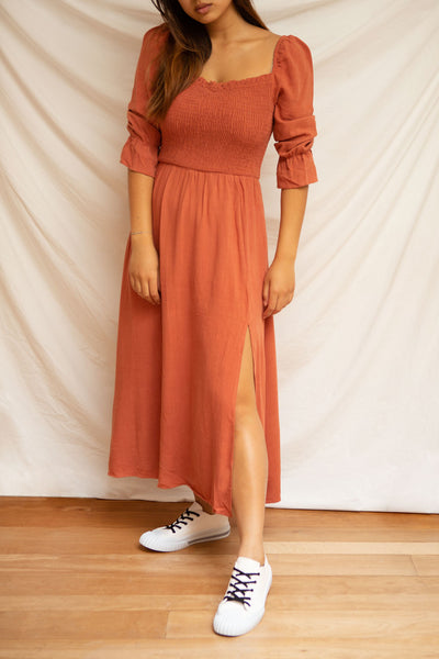 Reatha Rust Orange Linen Half Sleeve Dress | Boutique 1861 on model