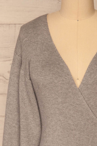 Recz Grey Knit Long Puffy Sleeve Wrap Top | La petite garçonne front close-up
