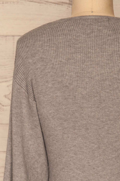 Recz Grey Knit Long Puffy Sleeve Wrap Top | La petite garçonne back close-up