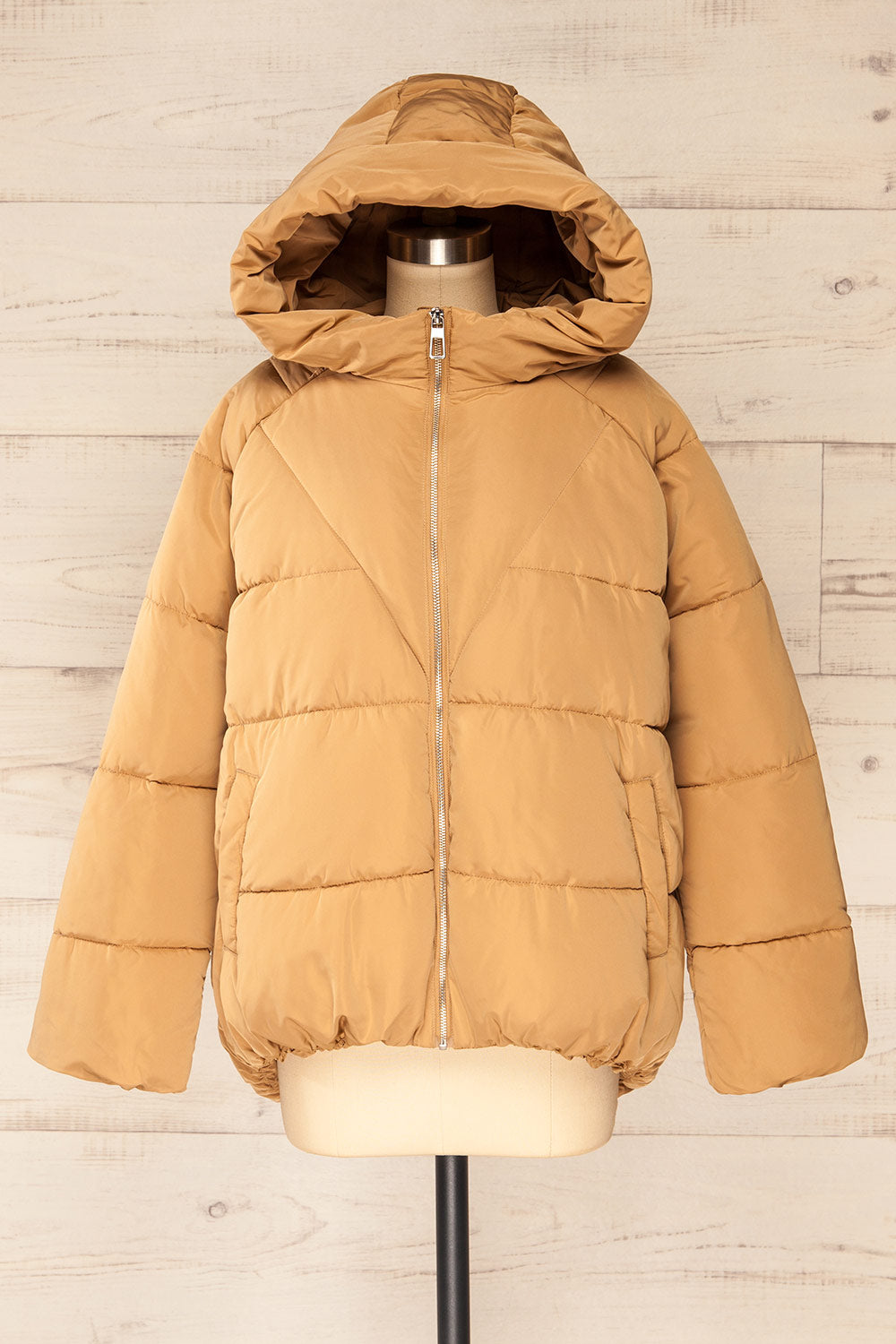 Reda Beige Short Puffer Coat | La petite garçonne front hood view