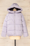 Reda Lavender Short Puffer Jacket | La petite garçonne front hood close-up