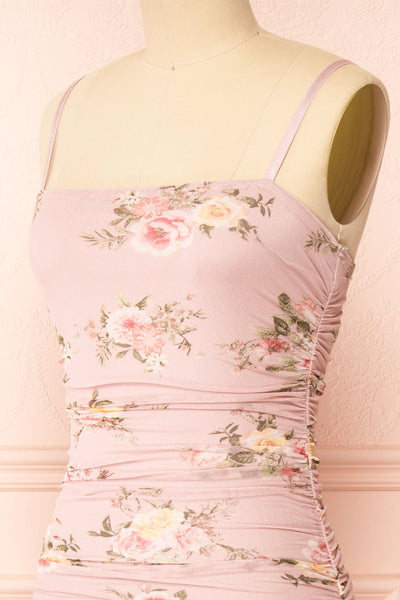 Regina Pink Bodycon Floral Midi Dress | Boutique 1861 side close-up
