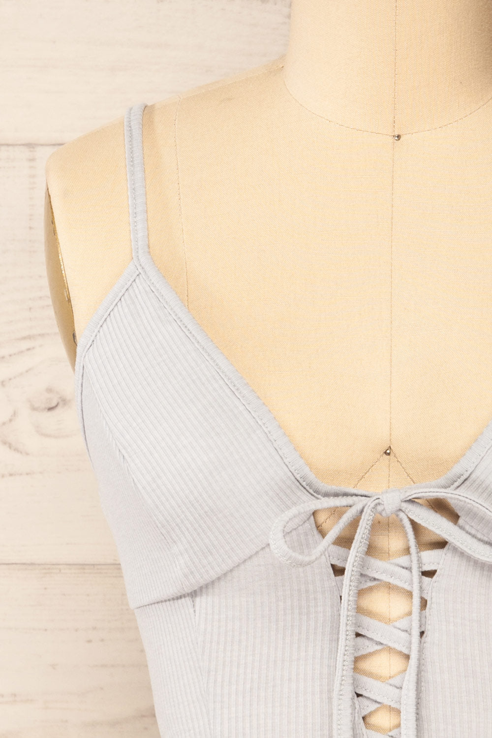 Reinbeck Blue Grey Corset Crop Top | La petite garçonne front close-up