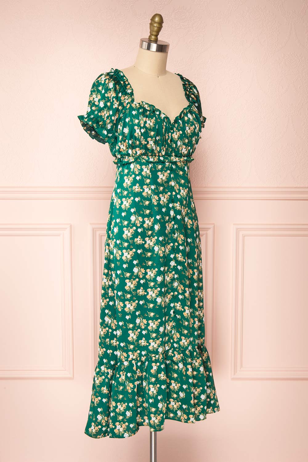 Relique Green Floral Short Sleeve Midi Dress | Boutique 1861 side view 