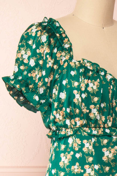 Relique Green Floral Short Sleeve Midi Dress | Boutique 1861 side close-up