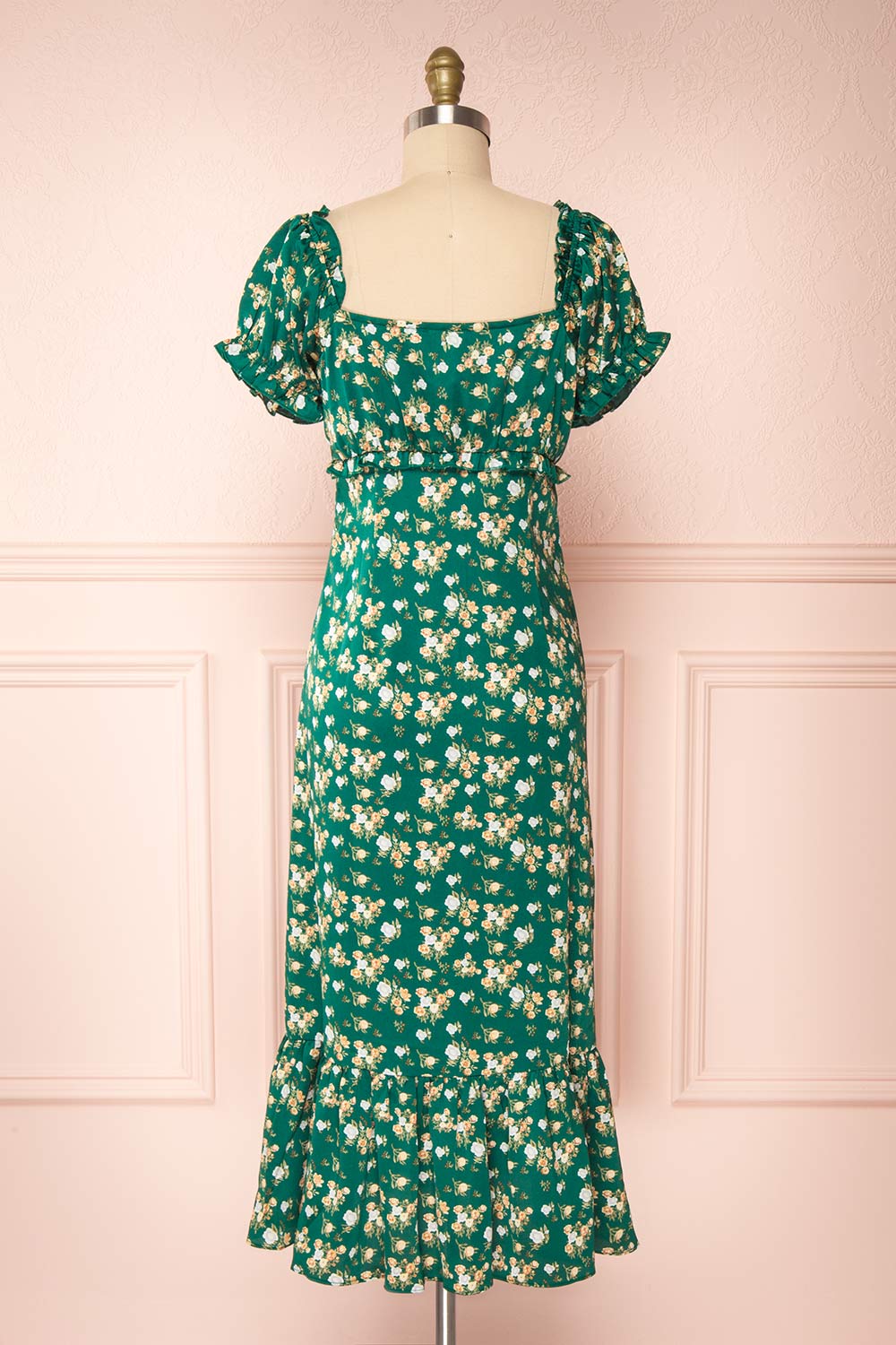 Relique Green Floral Short Sleeve Midi Dress | Boutique 1861 back view 