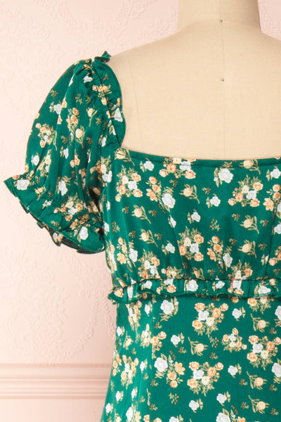 Relique Green Floral Short Sleeve Midi Dress | Boutique 1861 back close-up