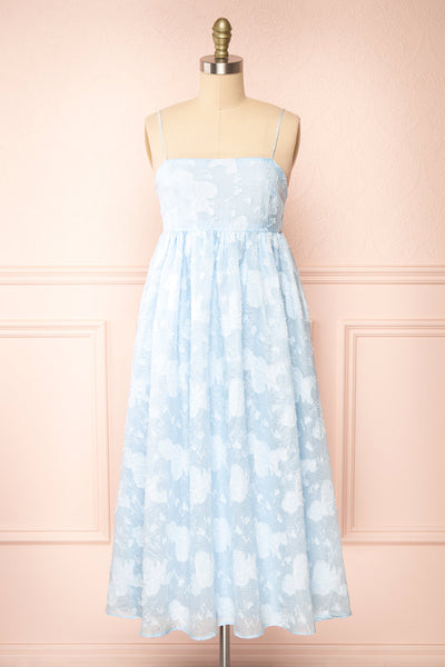 Renda Baby Blue Midi Dress w/ Floral Print | Boutique 1861 front view