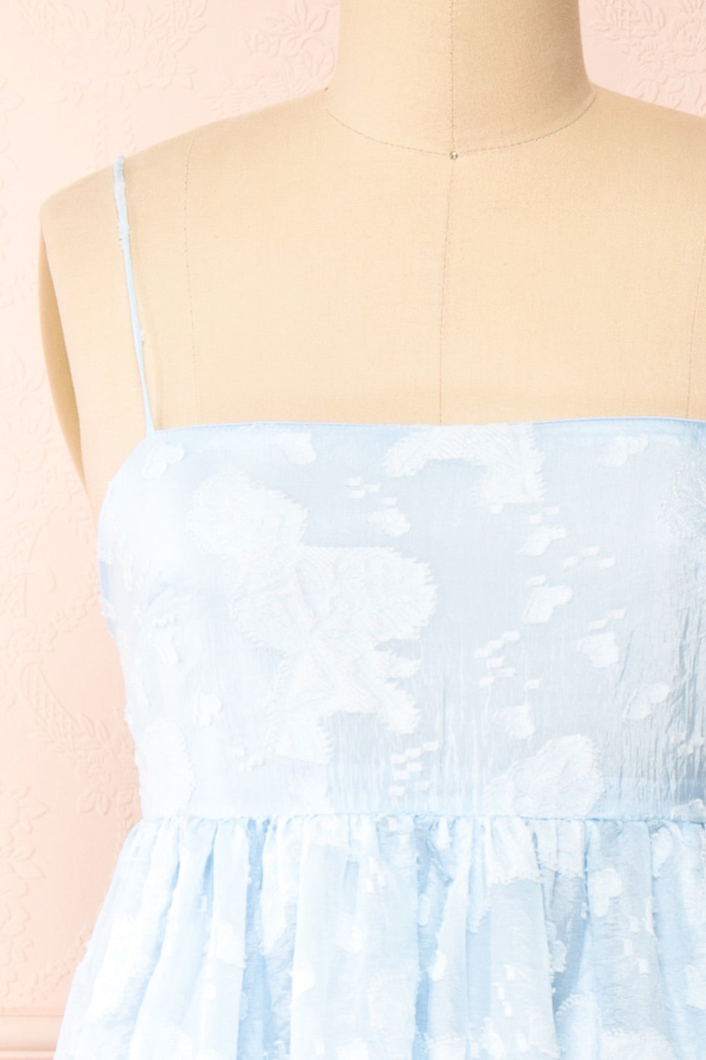 Renda Baby Blue Midi Dress w/ Floral Print | Boutique 1861 front close-up