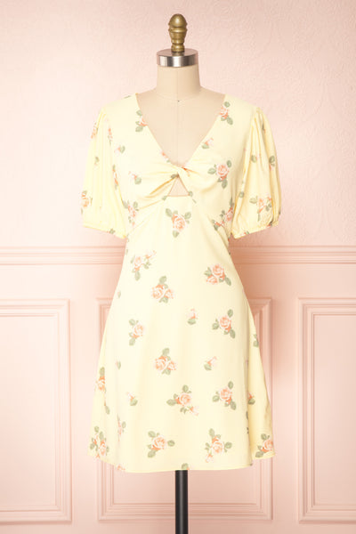 Reuta Short Yellow Floral Open Back Short Dress | Boutique 1861 front view