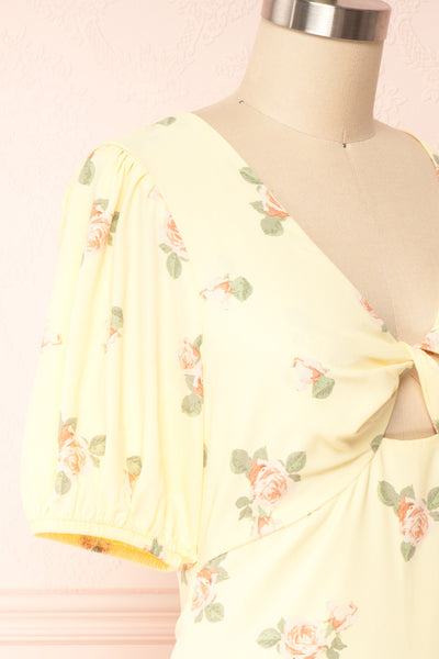Reuta Short Yellow Floral Open Back Short Dress | Boutique 1861 side close up