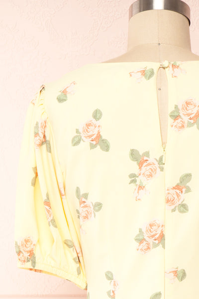 Reuta Short Yellow Floral Open Back Short Dress | Boutique 1861 back close up