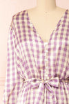 Rhea Long Sleeve Plaid Satin Midi Dress | Boutique 1861 front close-up