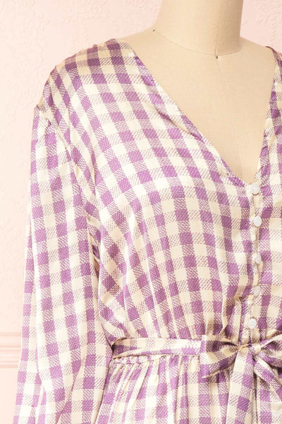 Rhea Long Sleeve Plaid Satin Midi Dress | Boutique 1861 side close-up