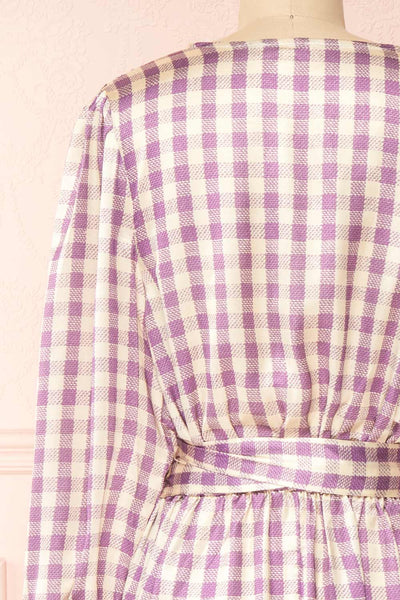 Rhea Long Sleeve Plaid Satin Midi Dress | Boutique 1861 back close-up