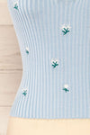 Rhudn Blue Floral Embroidered Crop Cami Top | La petite garçonne bottom close-up