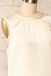 Riccia Cream Sleeveless Pleated Neck Blouse | La petite garçonne side close-up