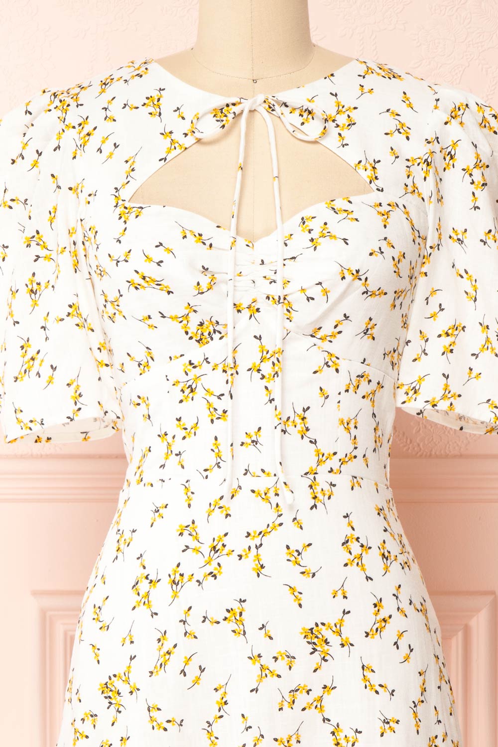 Rimel White Floral Open Back Short Dress | Boutique 1861  front close-up