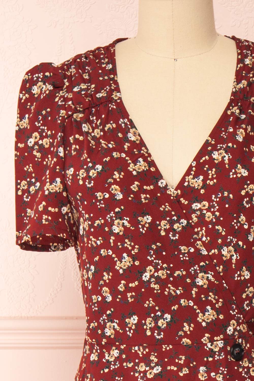Rissa Burgundy Floral Wrap Maxi Dress w/ Short Sleeves | Boutique 1861 front close-up