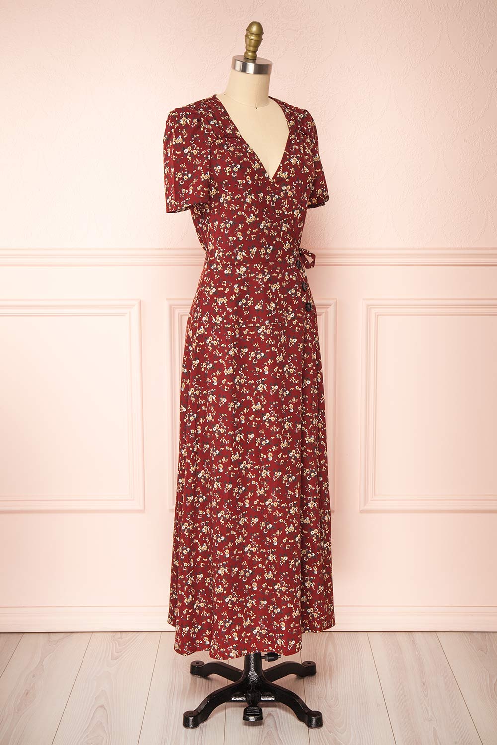 Rissa Burgundy Floral Wrap Maxi Dress w/ Short Sleeves | Boutique 1861 side view 