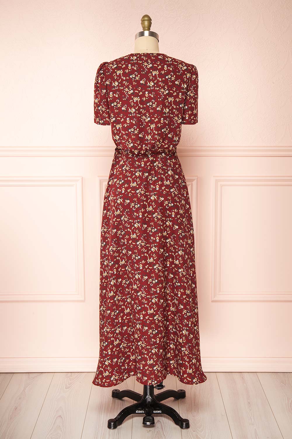 Rissa Burgundy Floral Wrap Maxi Dress w/ Short Sleeves | Boutique 1861 back view 