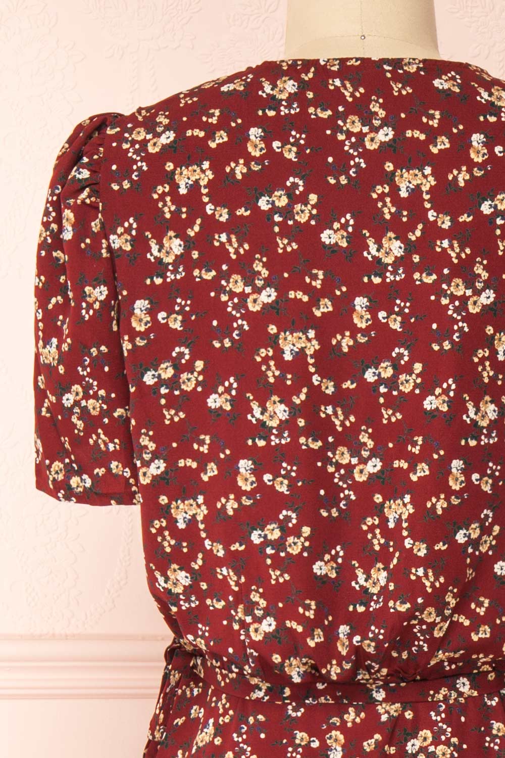 Rissa Burgundy Floral Wrap Maxi Dress w/ Short Sleeves | Boutique 1861 back close-up
