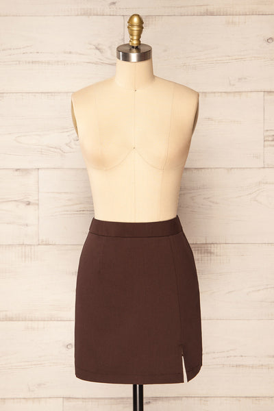 Rivas Brown Short Skirt with Slit | La petite garçonne front view
