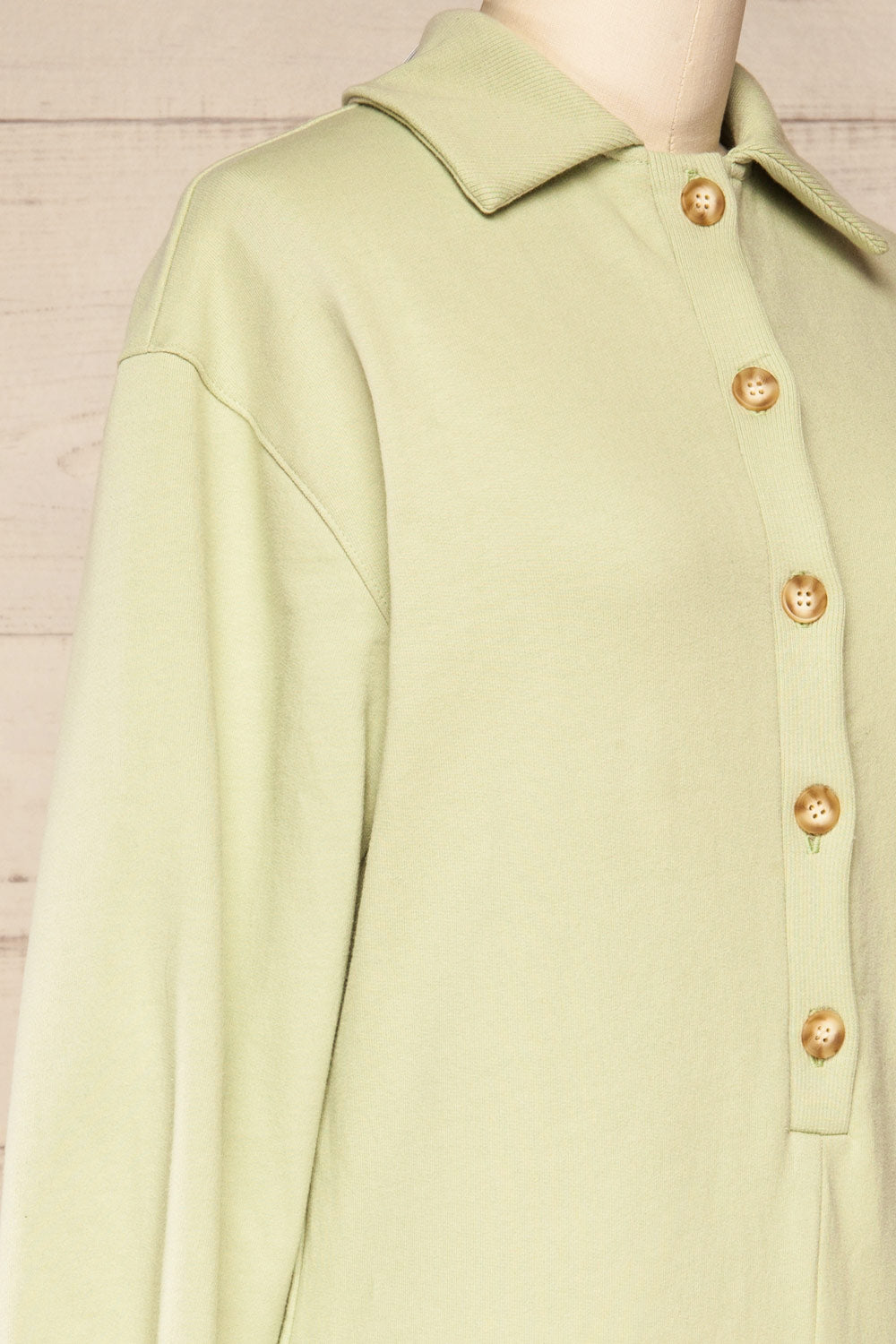 River Matcha Green Long Sleeve Polo Romper | La petite garçonne side close-up