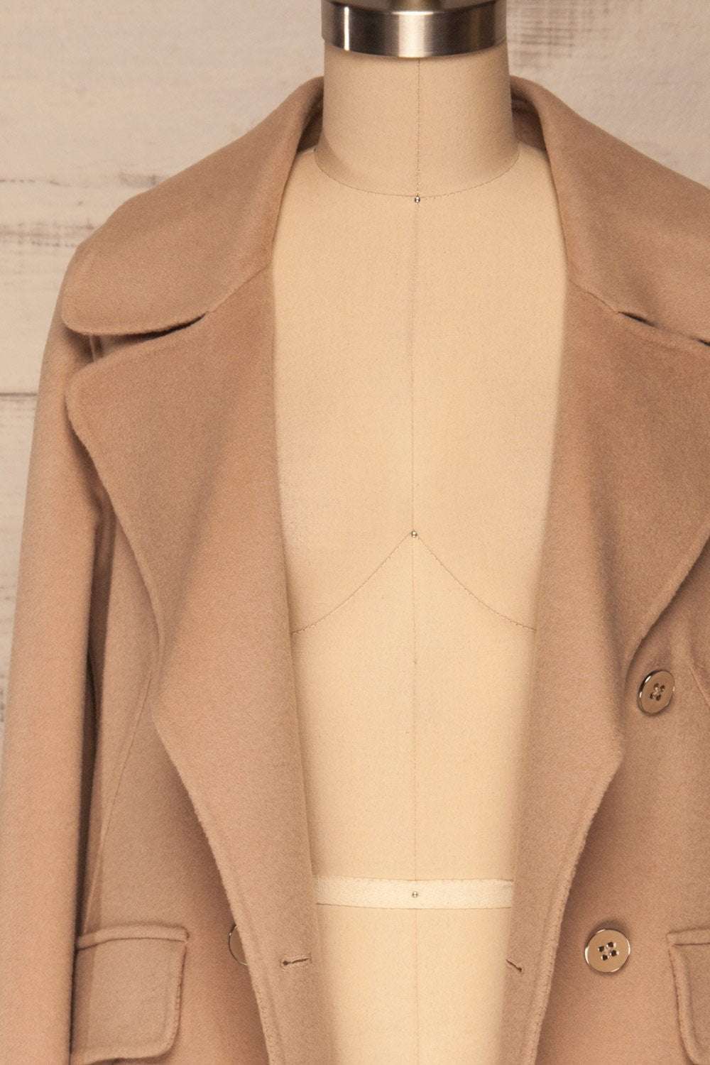 Rivio Beige Felt Coat | Manteau Beige front close up open | La Petite Garçonne