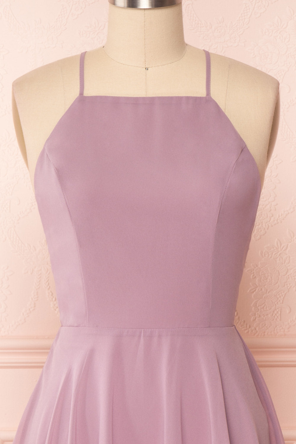 Roby Amethyst Lilac Chiffon A-Line Cocktail Dress | FRONT CLOSE UP | Boutique 1861