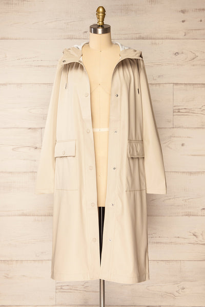Rochester Beige Button Up Hooded Raincoat | La petite garçonne open view
