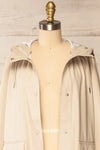 Rochester Beige Button Up Hooded Raincoat | La petite garçonne open close-up