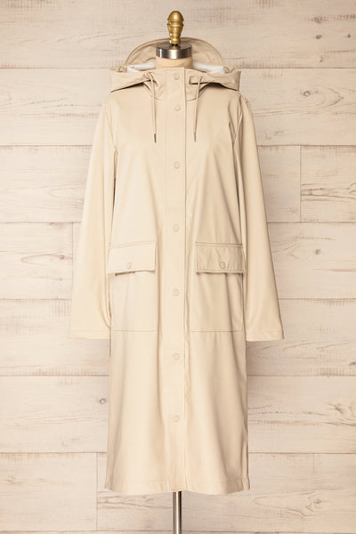 Rochester Beige Button Up Hooded Raincoat | La petite garçonne front view