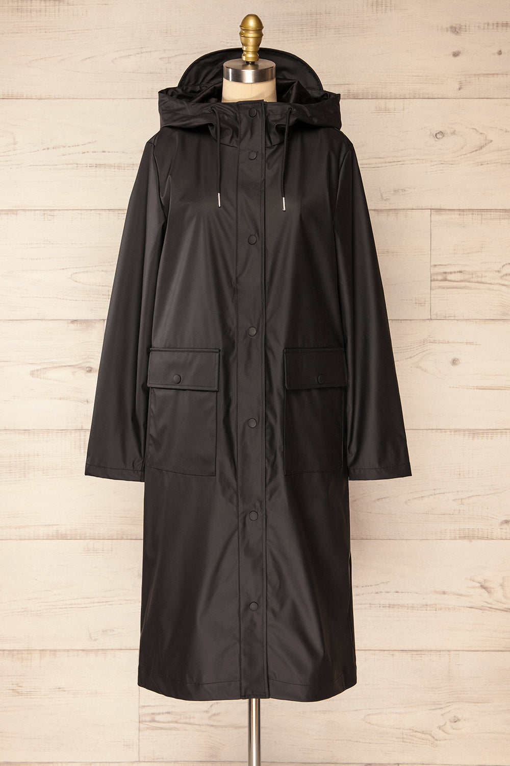 Rochester Black Button Up Hooded Raincoat | La petite garçonne front view 
