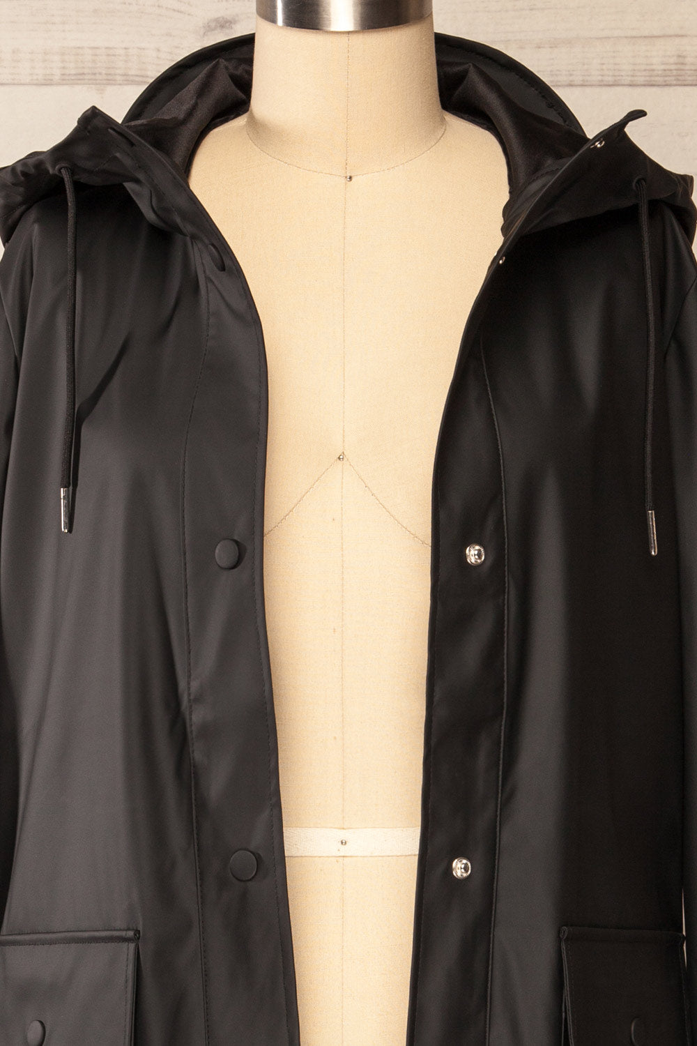 Rochester Black Button Up Hooded Raincoat | La petite garçonne open close-up 