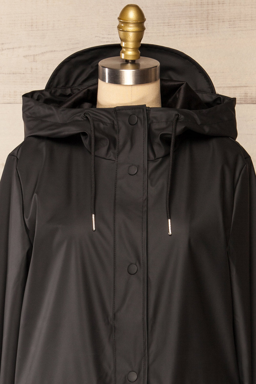 Rochester Black Button Up Hooded Raincoat | La petite garçonne front close-up