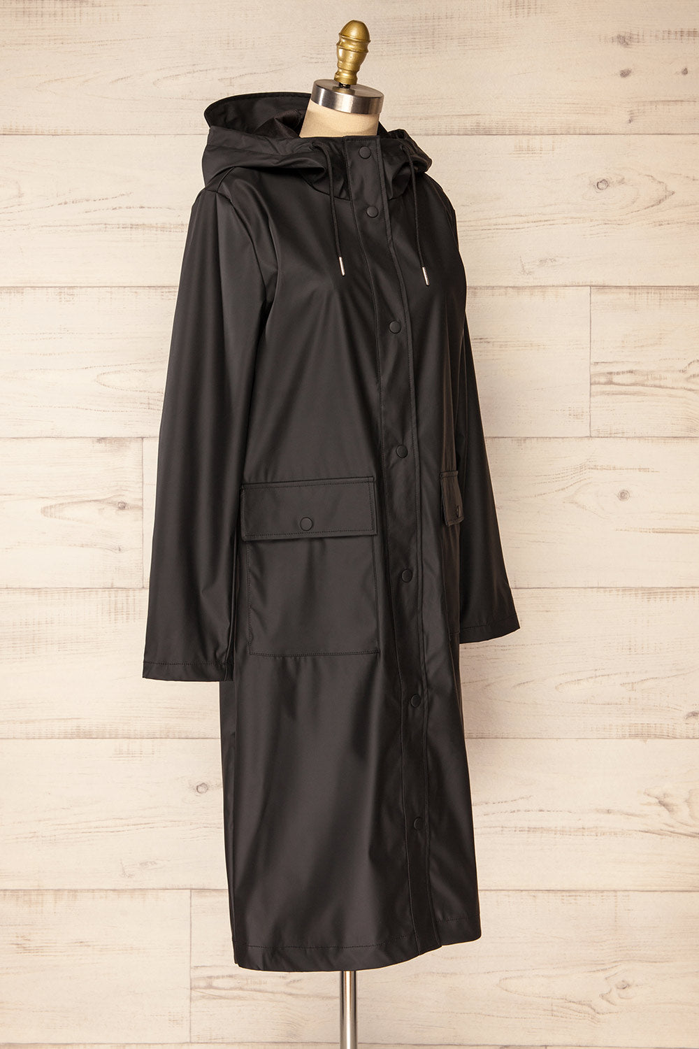 Rochester Black Button Up Hooded Raincoat | La petite garçonne side view 