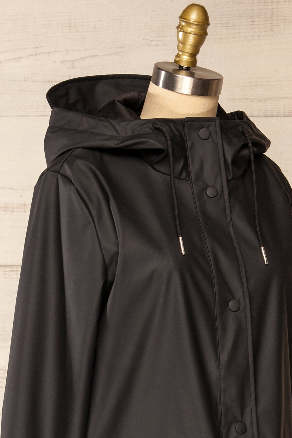 Rochester Black Button Up Hooded Raincoat | La petite garçonne side close-up