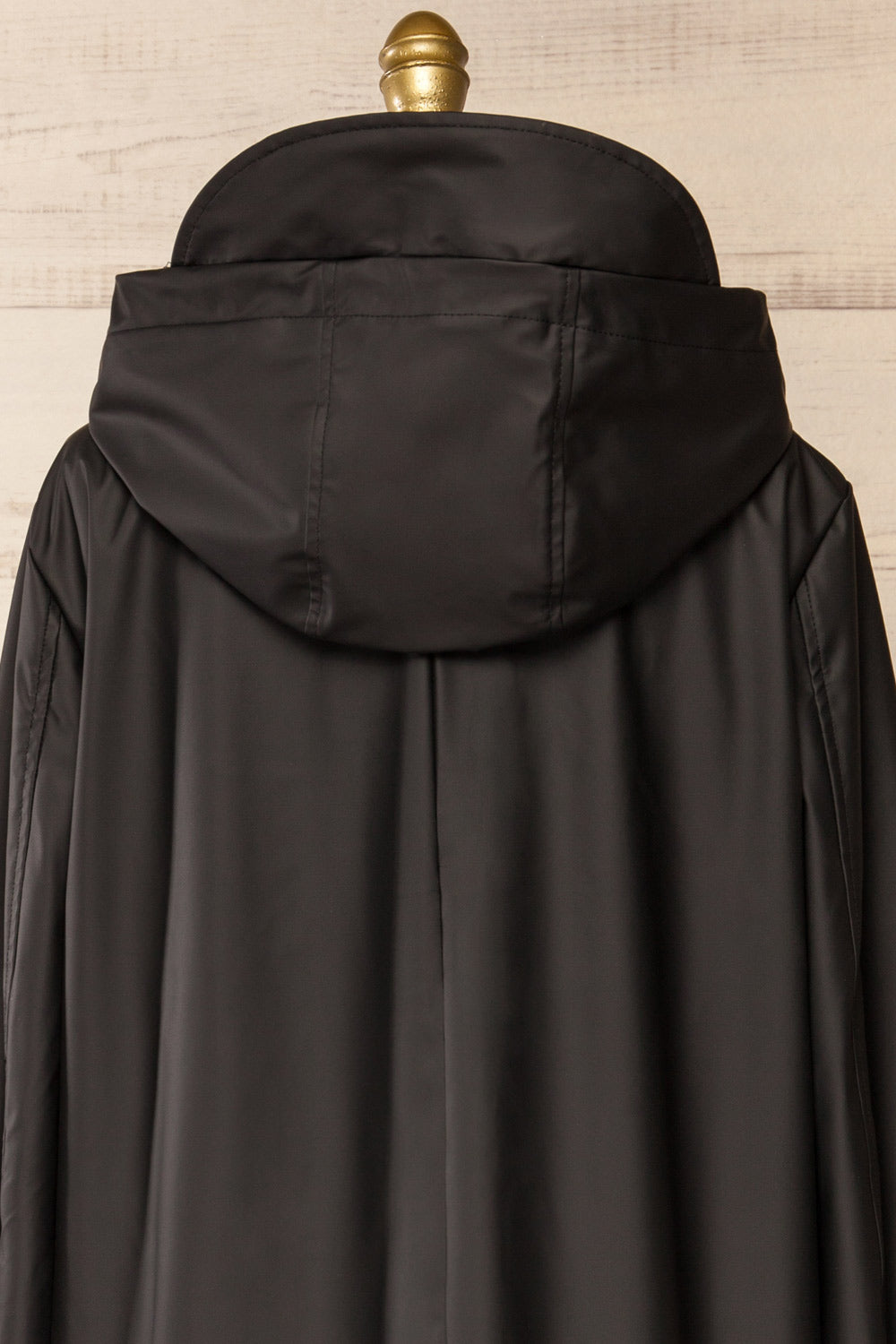 Rochester Black Button Up Hooded Raincoat | La petite garçonne back close-up